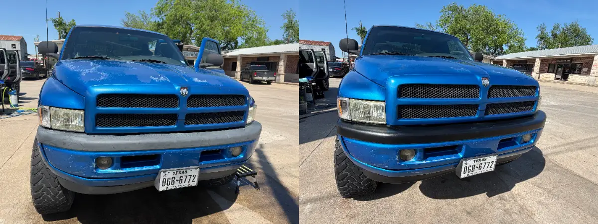Blue pickup trim, before and after