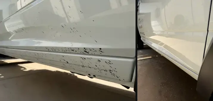 White truck lower panel, before and after