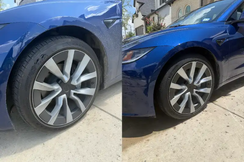 Blue car wheel, before and after