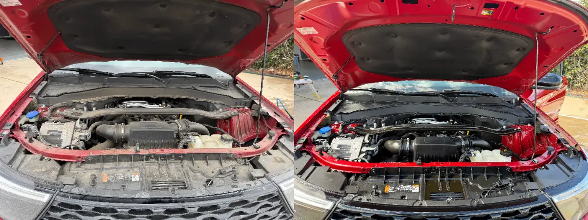 Engine bay, before and after