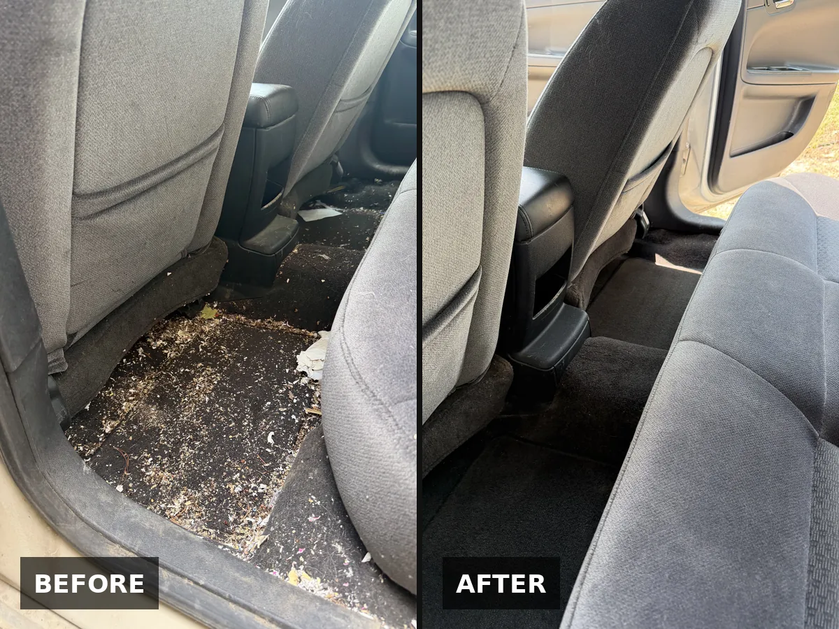 Back-seat floor covered in debris, before, and the same floor cleaned, after
