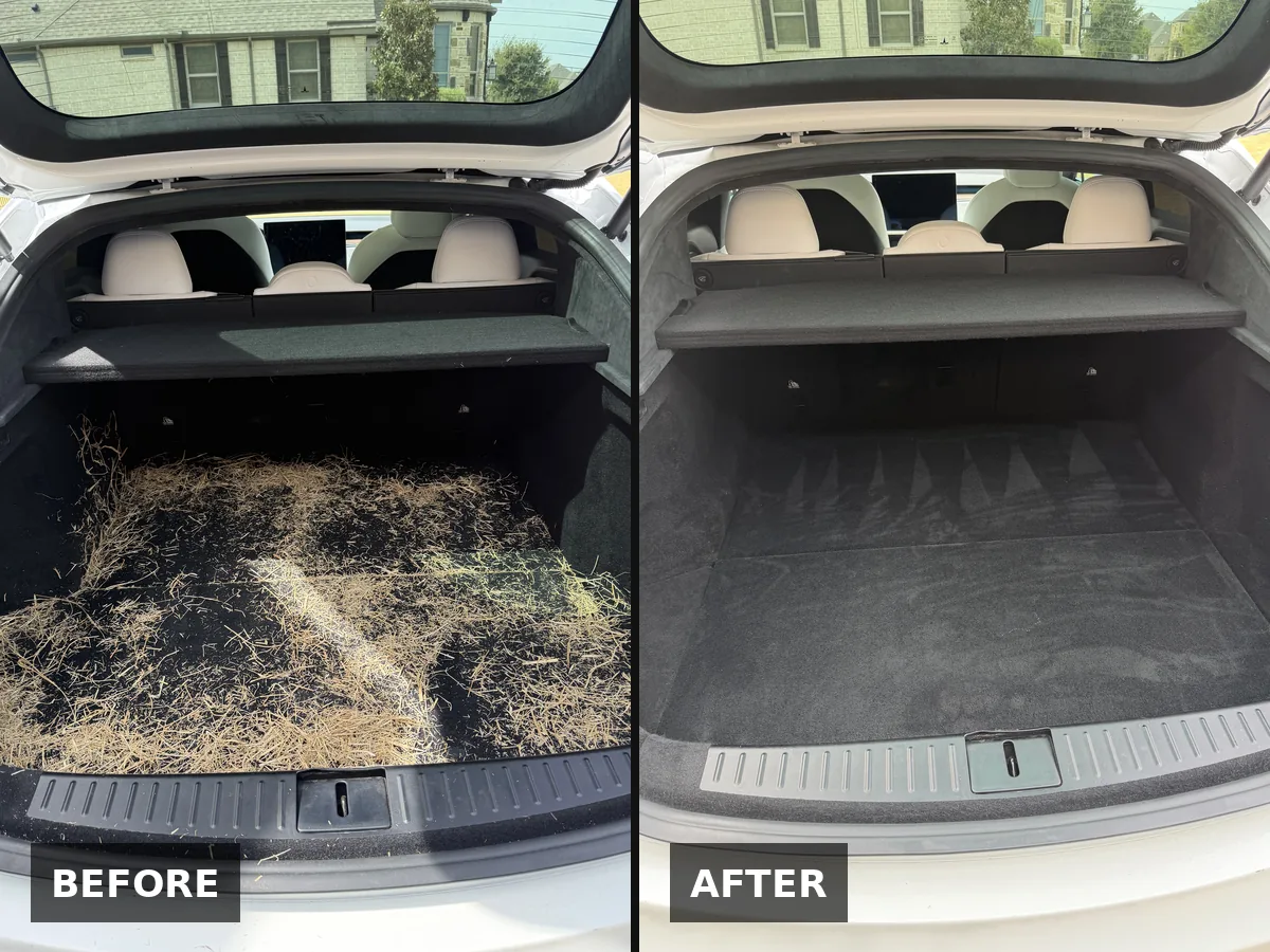 SUV cargo area covered in hay and straw, before, and the same cargo area cleaned out, after