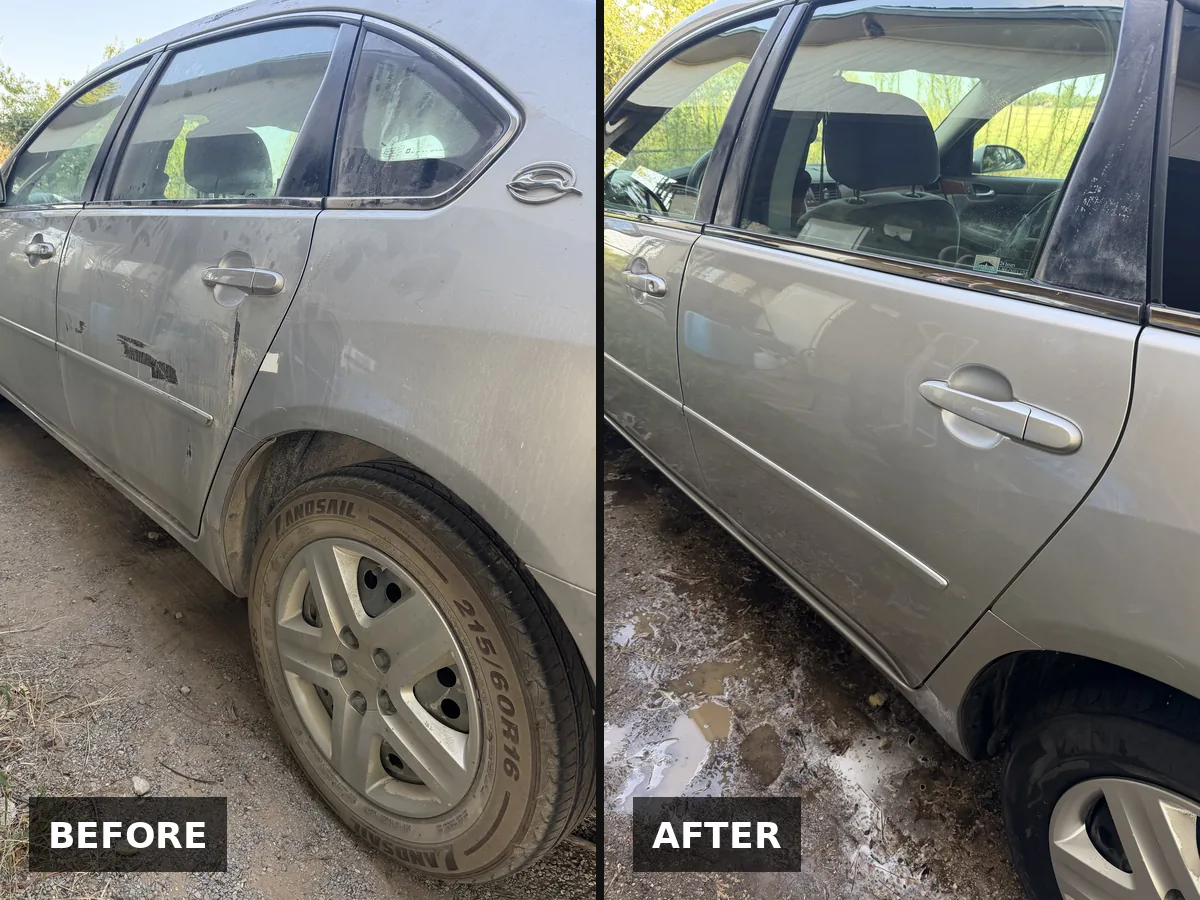 Silver 2006 Chevy Impala with a dirty, streaked side, before, and the same side washed, after