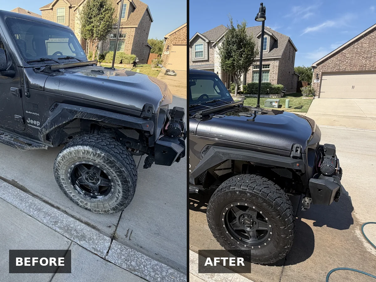 Gray Jeep Wrangler covered in mud, before, and the same Jeep washed clean, after
