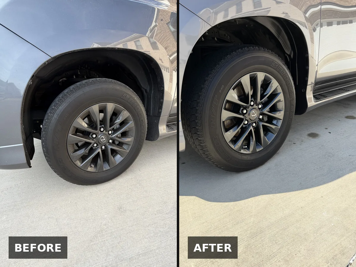 Lexus front wheel and tire, before and after cleaning and tire dressing