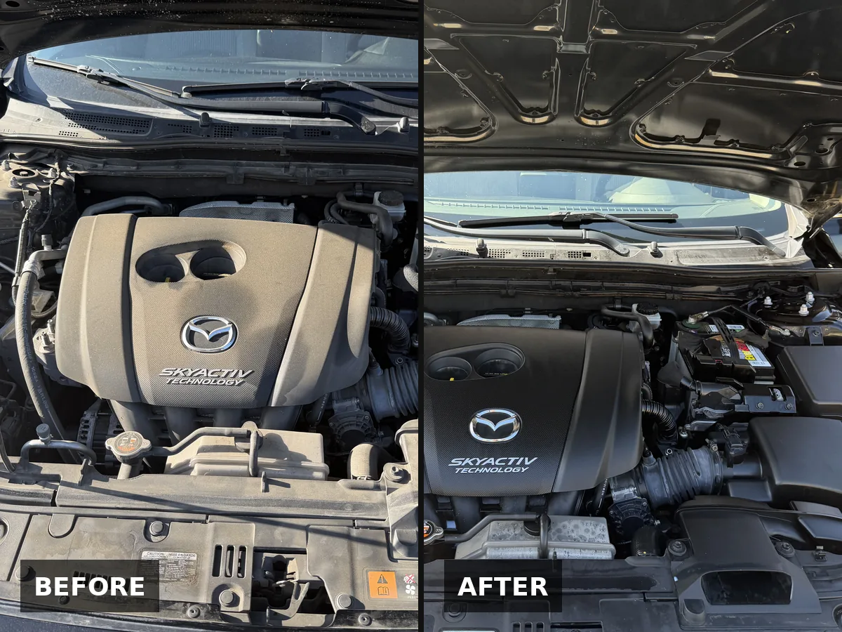 Dusty Mazda engine bay, before, and the same engine bay cleaned and dressed, after