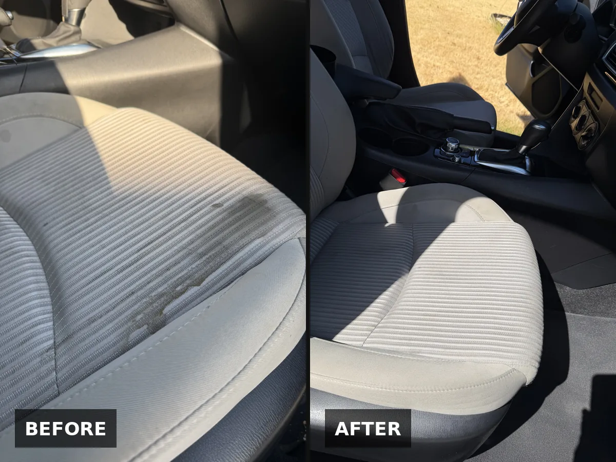 Stained cloth driver seat, before, and the same seat cleaned, after