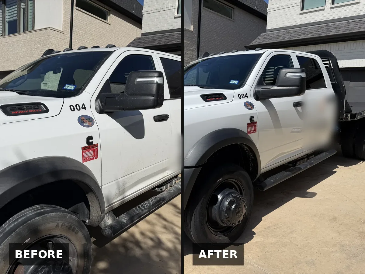 White Ram flatbed work truck, before and after an exterior detail